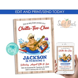 Puede incluir: Una invitación de cumpleaños con una ilustración de dibujos animados de un hombre tocando la guitarra. El texto de la invitación incluye "Chatta-Two-Chee" y "Jackson cumple 2 años".