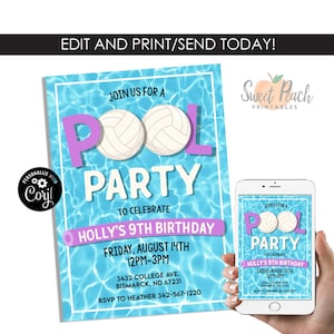 Editable Volleyball Pool Party Invite Invitation Birthday Digital 5x7 Template Instant Download Purple Girls Party