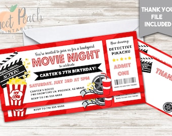 Movie Night Birthday Invitation 3x7 Personalized Ticket Invite, Popcorn, Film, Cinema Party, Any Age #439.0