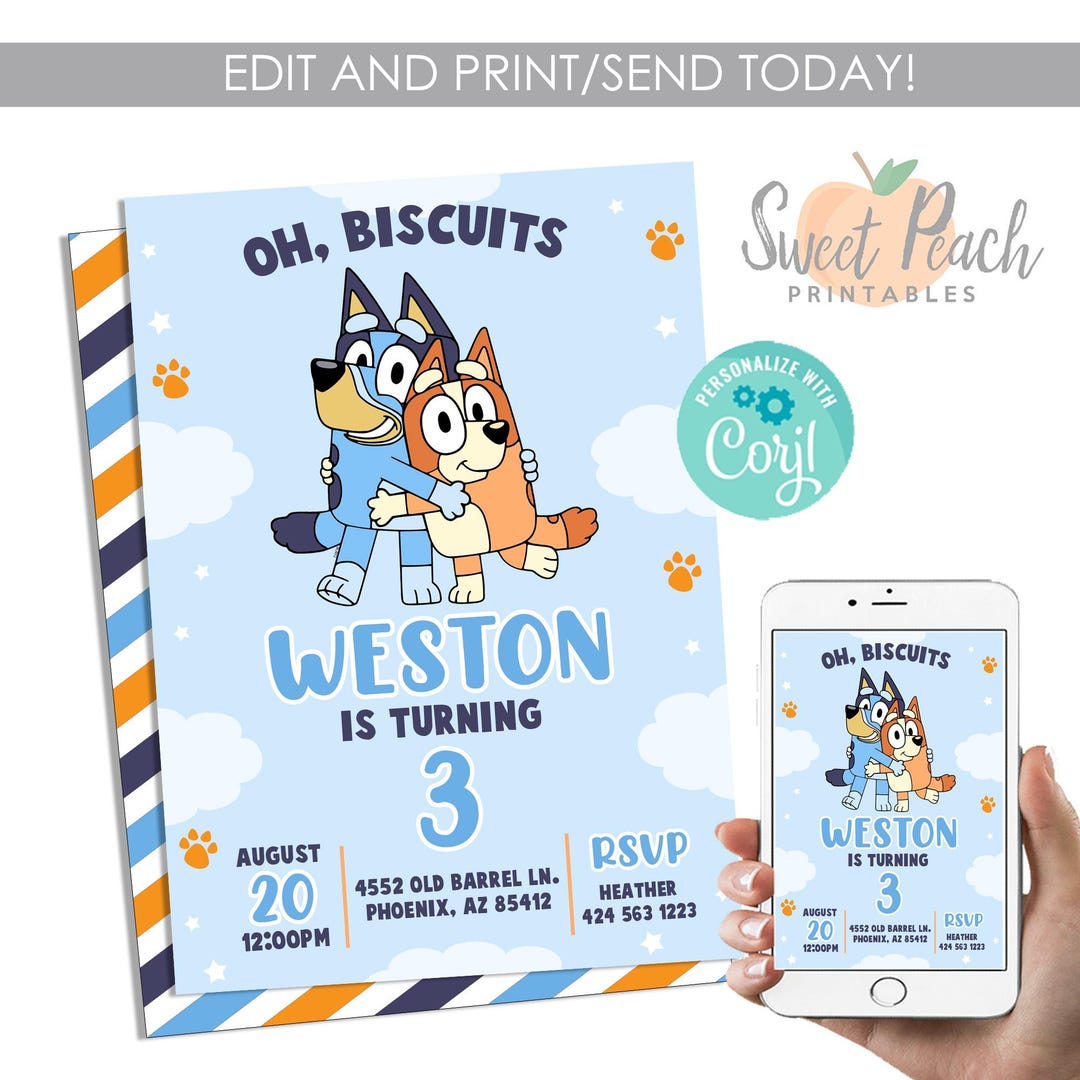 Editable Blue Dog Birthday Invitation Invite Digital Template 5x7 ...