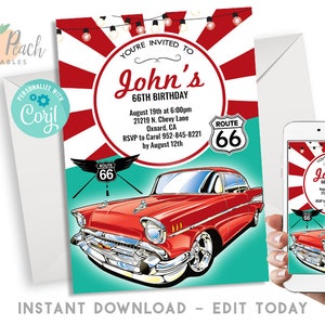 Editable Route 66 Birthday Invite Classic Chevy Corvette Man's Invitation 5x7 Digital Red Over The Hill Guy Car Road Any Age #147.3