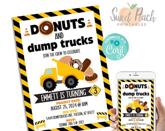 Editable Donuts Dump Trucks Birthday Invite Boy Invitation 5x7 Digital Construction Yellow Orange Chocolate #222.0