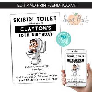 Editable Skibidi Toilet Birthday Invitation Invite Digital 5x7 Party Kids Template Instant Download
