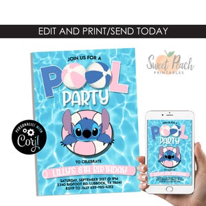 May include: A pool party invitation with a blue water background, featuring the text "Pool Party" with beach balls. The invitation includes a cartoon character and event details. The invitation is also displayed on a smartphone.