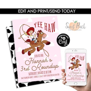 Editable Pink Toy Story Jessie Cowgirl Invitation Birthday Invite Roundup Party Girls Yee Haw Digital 5x7 Template