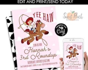 Editable Pink Toy Story Jessie Cowgirl Invitation Birthday Invite Roundup Party Girls Yee Haw Digital 5x7 Template