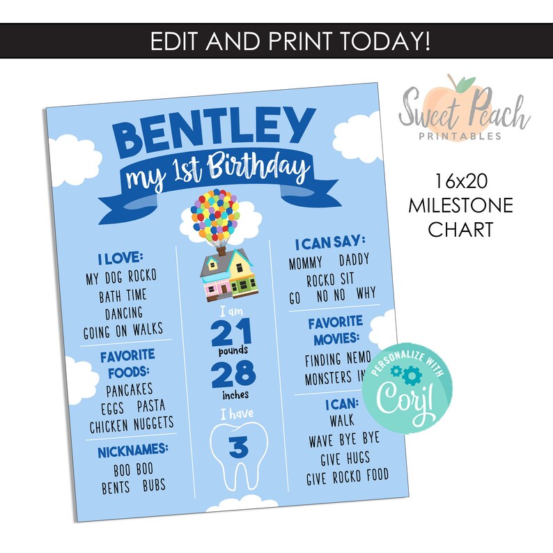 Editable UP Milestone Chart 16x20 Digital Printable Template Party ...