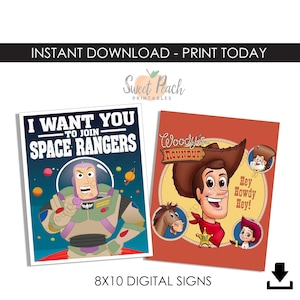 Könnte beinhalten: Zwei digitale Schilder, 20x25 cm, mit Zeichentrickfiguren. Ein Schild zeigt "I WANT YOU TO JOIN SPACE RANGERS" mit Buzz Lightyear. Das andere Schild zeigt "Woody's ROUNDUP" mit Woody. Die Schilder sind zum sofortigen Download.