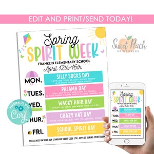 EDITABLE Spring Spirit Week Flyer School Event Template Digital 8.5x11 Instant Download Printable