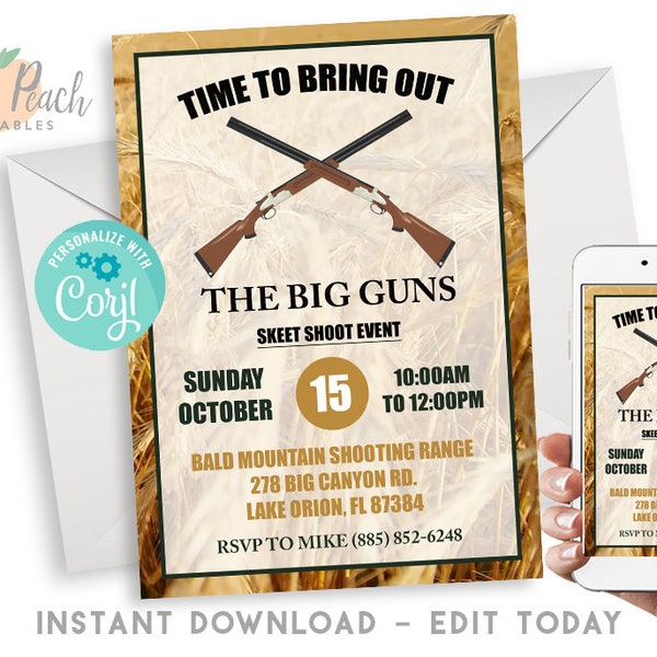 Editable Skeet Shoot Event Invite 5x7 Digital Classic Over Under Shot Gun Shooting Even Invitation, Shooting Range #157.0