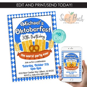Editable Oktoberfest Birthday Invite Invitation Template 5x7 Digital German Beer Oktoberfest Celebration Party Hops  #124.0