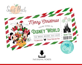 May include: A festive digital ticket design for Disney World, with a Christmas theme. It features Disney characters and the text "Merry Christmas, You're Going to Disney World" with the date July 2025. The design includes red, green, and white stripes and the text "7x3 DIGITAL TICKETS".