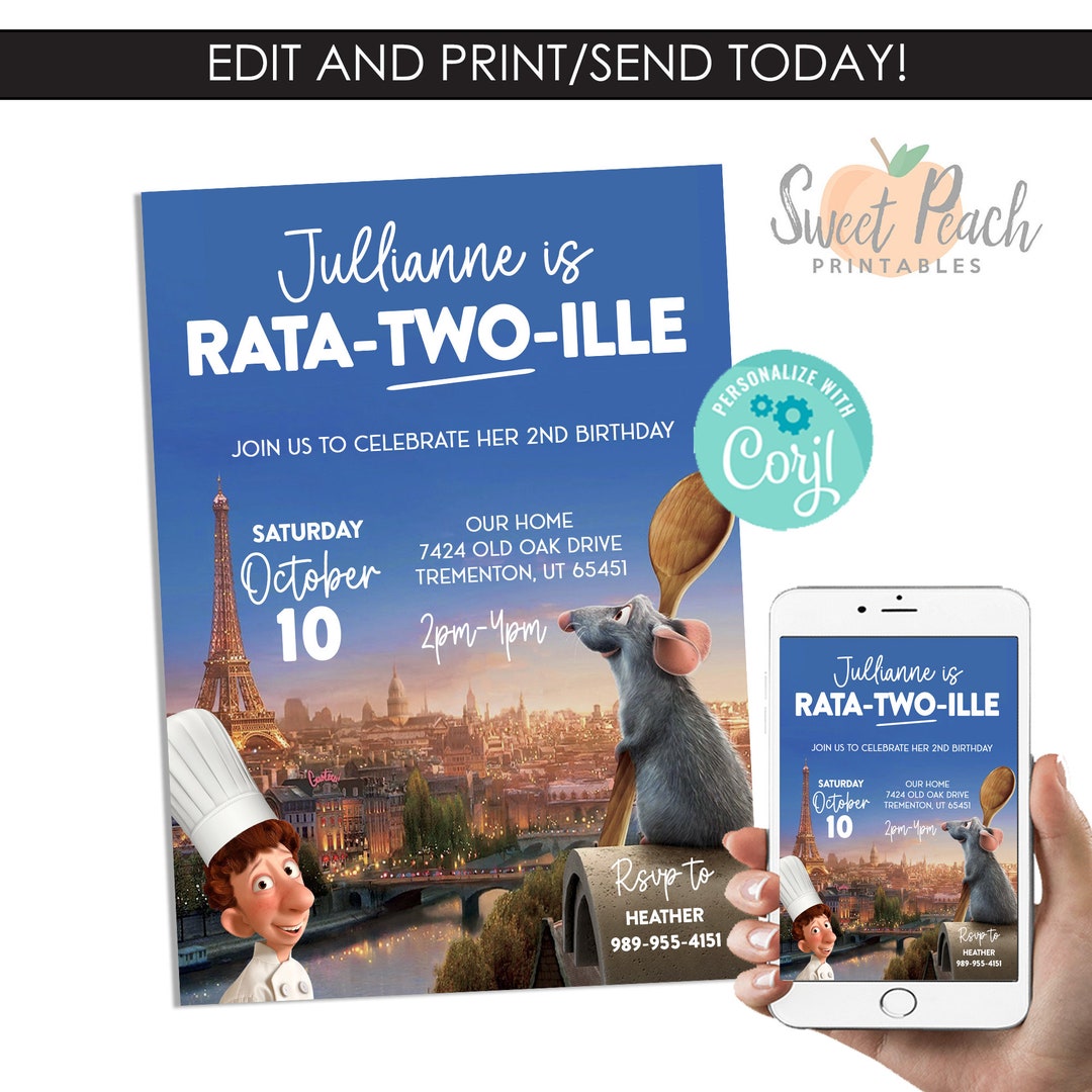 Editable Ratatouille Birthday Invitation Invite Digital 5x7 Template ...