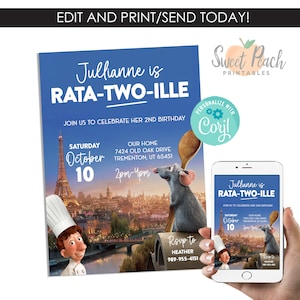 Editable Ratatouille Birthday Invitation Invite Digital 5x7 Template Remy RATA TWO ILLE Kids Instant Download Disneyland Party 2nd