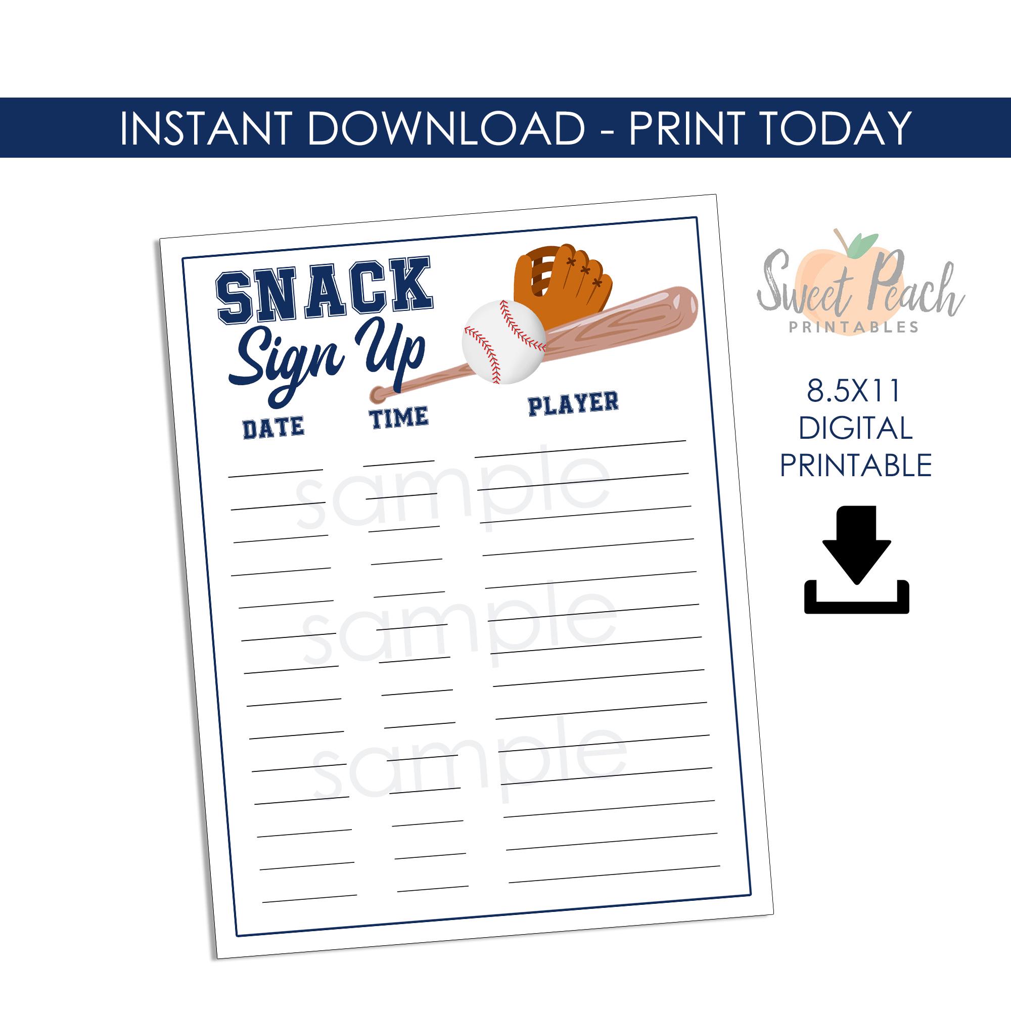 Baseball Snack Sign up Printable Digital 8.5x11 Tball Schedule Sheet ...