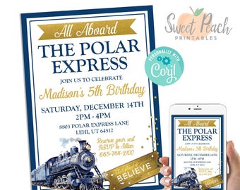 Editable Christmas Train Invitation Invite Digital Express Birthday Template 5x7 Instant Download