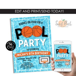 May include: A blue and white pool party invitation with basketball graphics and the text "POOL PARTY" and "Micah's 9th Birthday". A smartphone displays the same design. The invitation includes event details.