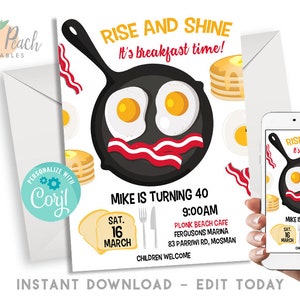 Editable Breakfast Birthday Invite Eggs And Bacon Face 5x7 Digital invitation Pancakes Toast Rise and Shine Knife Fork Any Age #291.0