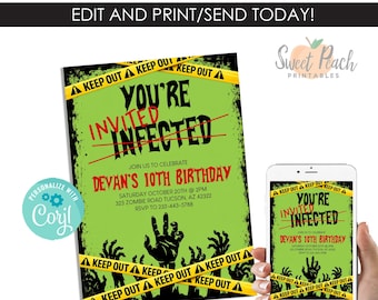 Op de afbeelding: Een digitale verjaardagsuitnodiging met een felgroene achtergrond en zwarte silhouetten van zombiewanden onderaan. Geel waarschuwingslint bevat de tekst KEEP OUT. De tekst bevat YOU'RE INVITED INFECTED en DEVAN'S 10TH BIRTHDAY.