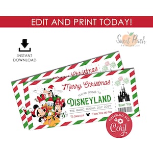 Puede incluir: Dos entradas de Disneylandia con temática navideña con rayas rojas y verdes. Las entradas presentan a Mickey Mouse, Minnie Mouse, Donald Duck y Goofy. El texto incluye "Merry Christmas" y "You're going to Disneyland."