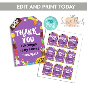 Editable Chocolate Factory Favor Tags Birthday Party Thank You Template Digital Decor Kids Instant Download