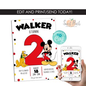 May include: A birthday invitation featuring the text "WALKER IS TURNING 2" with a large red number 2. The invitation includes a cartoon image of Mickey Mouse and Pluto. The invitation is shown on a smartphone.