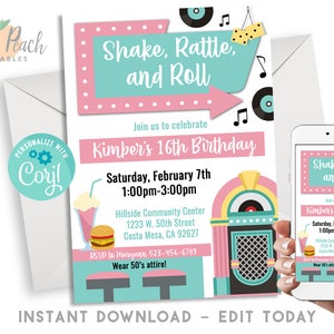 Könnte beinhalten: Eine rosafarbene und blaue Geburtstagseinladung mit einem Retro-Jukebox-Design. Die Einladung lautet "Shake, Rattle, and Roll" und "Kimber's 16th Birthday". Sie enthält Details zur Party, einschließlich Datum, Uhrzeit und Ort. Die Einladung lautet auch "Wear 50's attire!"