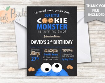 Cookie Monster 2nd Birthday Invite 5x7 Digital Personalized Invitation Second Birthday Cookies Chalkboard Chocolate Chips Blue White #50.4