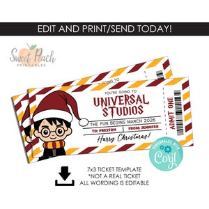 May include: Two tickets with a Harry Potter theme for Universal Studios. The tickets have a maroon and yellow color scheme with a cartoon image of Harry Potter wearing a Santa hat. Text includes "Harry Christmas!" and "Admit One."