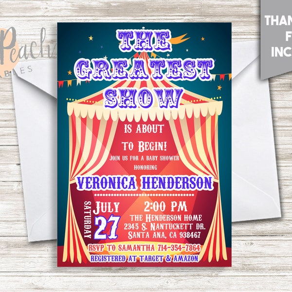Circus Baby Shower Invite 5x7 Digital Personalized The Greatest Show Baby Sprinkle Big Tent Banner Flag Spot Lights The Showman #241.0