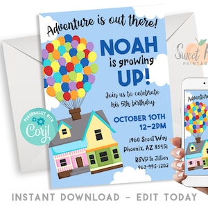 Editable Up! Birthday Party Invite 5x7 Digital Invitation Flying Balloon House Instant Download Boy or Girl #426.0