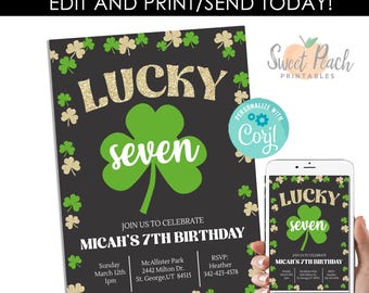 May include: Black invitation with gold glitter text reading "LUCKY seven" and a large green shamrock. The invitation is for Micah's 7th birthday, with event details and RSVP information. A phone displays the same design.