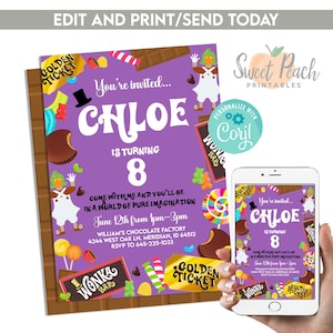 Editable Chocolate Factory Birthday Invitation Invite Digital 5x7 Instant Download Template Party