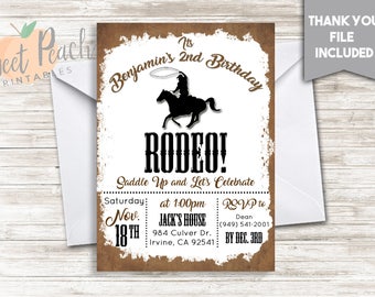 Rodeo Birthday Invite Invitation 5x7 Digital Personalized Cowboy Horse Lasso Bull Riding Dirt Old West Round Up Brown Black White #211.0