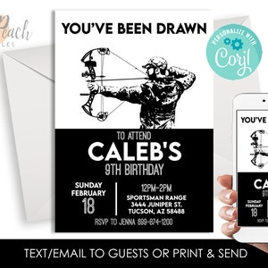 Editable Archery Birthday Party Invite 5x7 Digital Invitation Men&#39;s Compound Bow Arrow Hunting Drawn #427.0