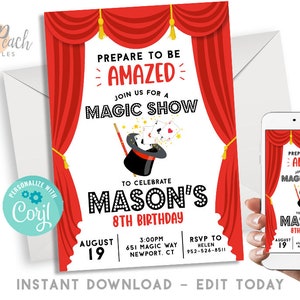 Editable Magic Show Birthday Invite Invitation 5x7 Digital Magician, Red Curtains, Instant Download Template #110.0