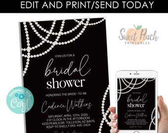 Editable Pearls Bridal Shower Bachelorette Invitations, Wedding Shower Invites Elegant Digital Printable Template Template Ivory Black