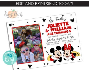 EDITABLE Mickey Minnie Joint Birthday Invitation Photo Picture Invite Digital 7x5 Instant Download Template