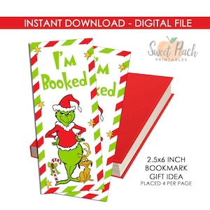 Peut inclure: Deux marque-pages avec un design du Grinch, un livre rouge et le texte « I'm Booked ». Les marque-pages mesurent 6,35 x 15,24 cm et présentent une bordure à rayures vertes et rouges. Le Grinch porte un chapeau de Père Noël et une tenue rouge.