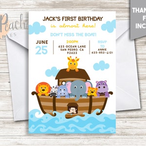Noah&#39;s Ark Birthday Invite 5x7 Digital Personalized Invitation Boat Cute Animals Gender Neutral Any Age Waves Clouds Bible Story #237.0
