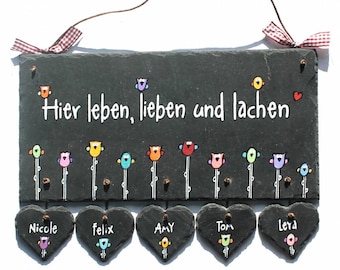 Türschild Familie aus Schiefer mit Eulen und Herzanhänger, Schieferschild personalisiert mit Namen, Einzugsgeschenk, Hochzeitsgeschenk