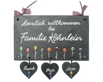 Willkommensschild Schiefer mit Eulen | Türschild Familie | Familiengeschenk für Zuhause | Schieferschild personalisiert | Familienschild