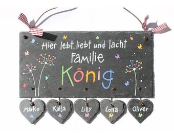 personalisiertes Geschenk Türschild Familie Schiefer mit Herzanhänger, Familienschild, Schieferschild Pusteblume, Schiefertürschild mit Name