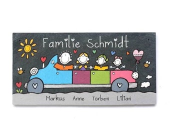 Türschild Schiefer mit Name der Familie personalisiert | Namensschild mit Auto | Familienschild | Haustürschild | Familientürschild