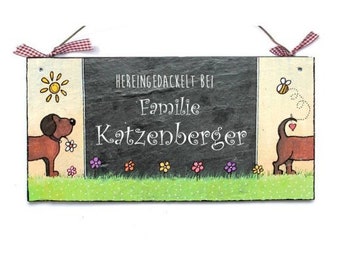 Türschild Hund mit Name der Familie personalisiert | Namensschild | Familienschild | Haustürschild wetterfest | Familientürschild Schiefer