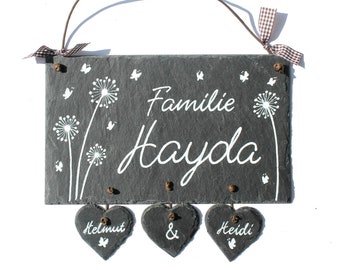 Türschild für die Familie mit Name personalisiert | Schieferschild Pusteblume | Familienschild Schiefer | Schiefertürschild mit Herzanhänger