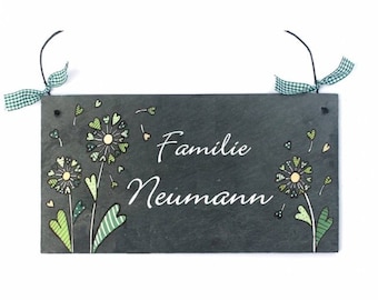 Türschild Motiv Pusteblume Glücksklee aus Schiefer mit Name personalisiert | Schieferschild Familie | Namensschild | Familienschild grün