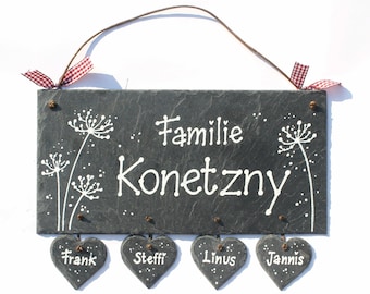 Schieferschild Familie mit Namen personalisiert | Türschild Pusteblume mit Herzanhänger | Familienschild aus Schiefer | Haustürschild Blumen