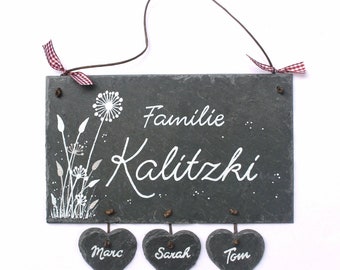 Familienschild mit Namen personalisiert | Türschild Familie Schiefer | Schieferschild mit Herzanhänger | Schiefertürschild Pusteblume