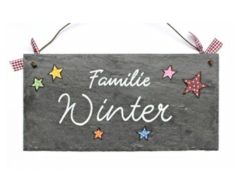 Familientürschild mit Name personalisiert | Türschild Sterne | Familienschild Schiefer | Schieferschild wetterfest | Geschenk für Mama